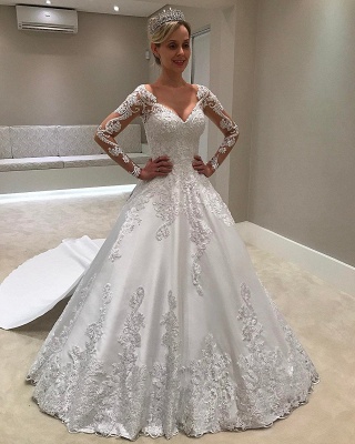 Sexy Lace Ball Gown Wedding Dresses | V-Neck Long Sleeves Appliques Puffy Bridal Gowns_1