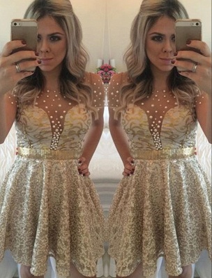A-line Lace Short Gold Beadings Short-Sleeves Homecoming Dress_2
