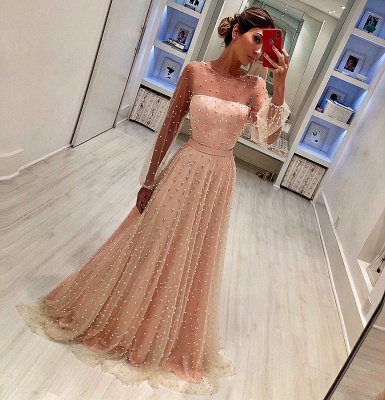 Luxury Crystals A-Line Prom Dresses | Scoop Long Sleeves Sheer Evening Dresses_1