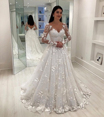Exquisite Lace A-Line Wedding Dresses | V-Neck Long Sleeves Appliques Puffy Bridal Gowns BC1352_1