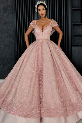Gorgeous Cap Sleeves V-Neck Evening Dresses | Appliques Ball Gowns Prom Gowns_1