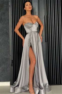 Gorgeous Sleeveless Sweetheart Evening Dresses | A-Line Appliques Front Split Prom Gowns_1