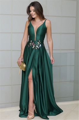 Glamorous Sleeveless Dark Green Spaghetti Strap Evening Dresses | Front Split  Appliques Long Prom Gowns_1