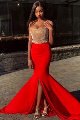 Charming Strapless Sleeveless Prom Dresses | Split-Side Sequins Mermaid Evening Gowns_1