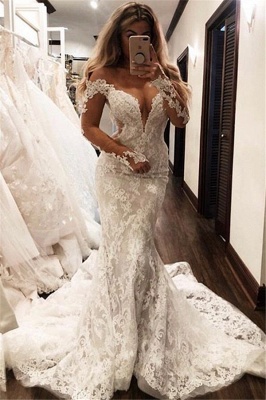 Gorgeous Off-The-Shoulder Long Sleeves Wedding Dresses | Lace Appliques Mermaid Prom Gowns_1