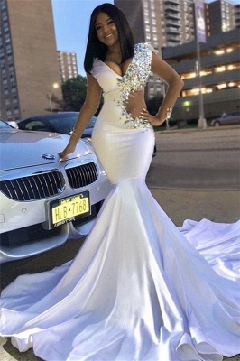 Sexy V-Neck Cap Sleeves White Prom Dresses | Rhinestone Mermaid 2021 Evening Gowns BC0692_1