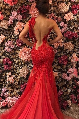 Sexy One-Shoulder Sleeveless Red Prom Gowns | Mermaid Tulle Beaded Prom Dresses BC1518_1