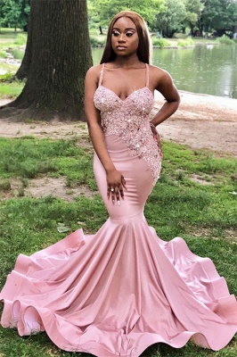 Sexy Spaghetti-Straps Sleeveless Prom Dresses | Appliques Pink Sequins Mermaid Evening Gowns_1