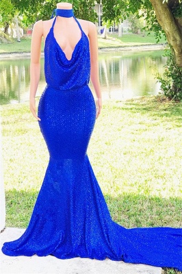 Shiny Halter Sleeveless Royal-Blue Prom Dresses | Sequins Mermaid 2021 Long Evening Gowns_1