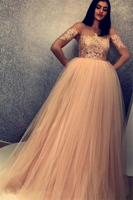 Charming Scoop Short Sleeves Tulle Prom Gowns | Beaded A-Line Evening Dresses_1