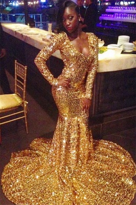 Shiny V-Neck Long Sleeves Gold Prom Dresses | Mermaid Sequins 2021 Evening Gowns_1