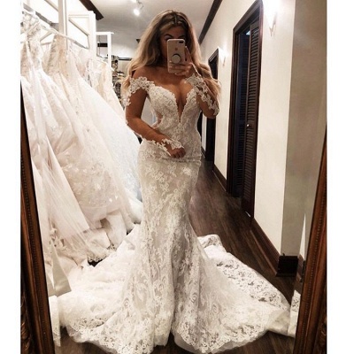 Gorgeous Off-The-Shoulder Long Sleeves Wedding Dresses | Lace Appliques Mermaid Prom Gowns_3