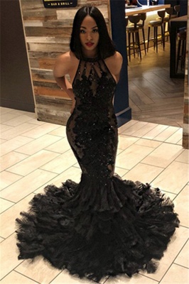 Elegant Halter Sleeveless Open Back Prom Dresses | Applique Black  Mermaid Evening Gowns_2