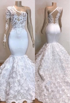 Charming One-Shoulder Long Sleeves Prom Dresses | Mermaid White Lace Evening Gowns_1