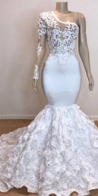 Charming One-Shoulder Long Sleeves Prom Dresses | Mermaid White Lace Evening Gowns_2