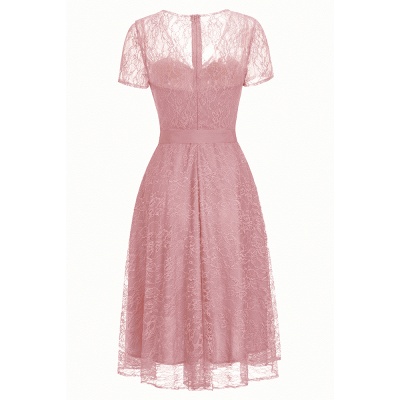 Tea-length Short-sleeve A-line V-neck Lace Red Prom Dress_14