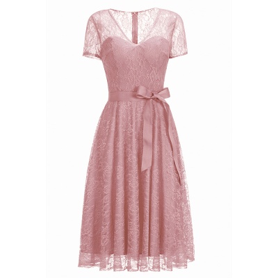 Tea-length Short-sleeve A-line V-neck Lace Red Prom Dress_15