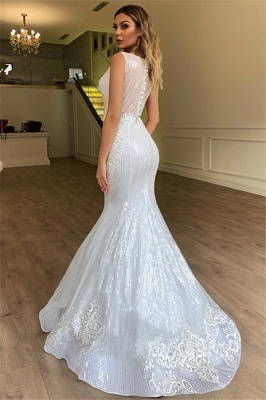 Elegant Sleeveless V-Neck Appliques Prom Dresses | Mermaid Long Covered Button Evening Gowns_2