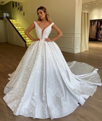 Sexy Off-the-Shoulder V-Neck Wedding Dresses | Ball Gown Sleeveless 2021 Bridal Gowns_2