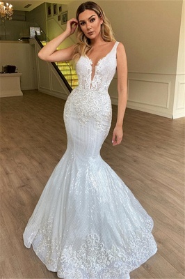 Elegant Sleeveless V-Neck Appliques Prom Dresses | Mermaid Long Covered Button Evening Gowns_1