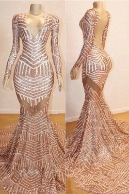 Sexy Champagne Mermaid Prom Dresses | Long Sleeves Sheer Evening Gowns_1