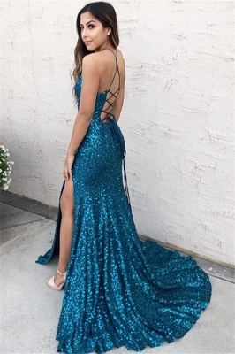 Glamorous Halter Side-Slit Mermaid Prom Dress | Criss-Cross Blue Sequins Evening Dresses  BC1617_3