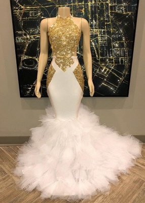 Amazing Gold White Prom Dresses | Halter Neck Mermaid Evening Gowns_1