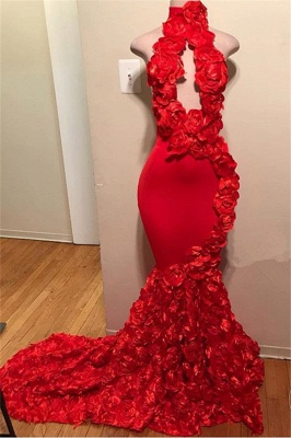 Elegant Sleeveless Halter Flower Prom Dresses |  Red Mermaid 2021 Evening Gowns_1