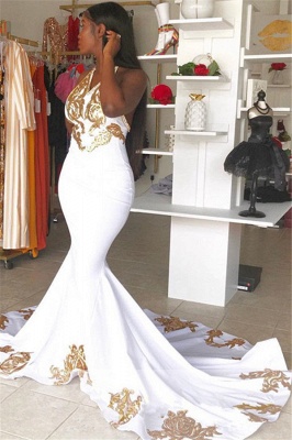 Elegant Halter V-Neck Prom Dress |  Gold Appliques  Sleeveless Evening Gowns BC2178_2