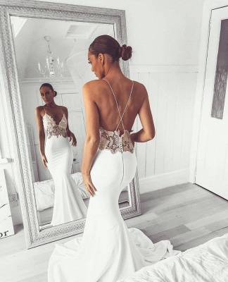Elegant Backless Mermaid Appliques Spaghetti-Straps Wedding Dress_3