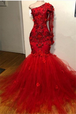 Long-Sleeves Red Appliques Mermaid Elegant One-Shoulder Prom Dress_1