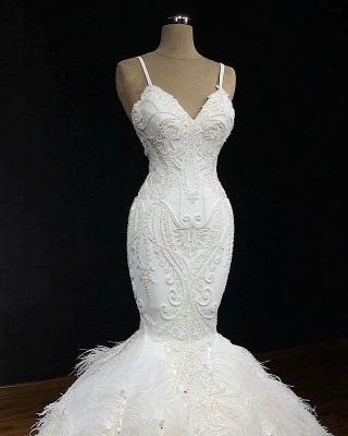 V-Neck Feather Mermaid Wedding Dresses | Sleeveless Glamorous 2021 Gowns_4