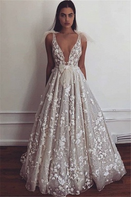 V-Neck Sleeveless A-Line Lace Bows Elegant Wedding Dresses_2