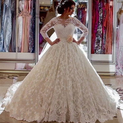 Long Sleeves Lace Sheer Vintage Church-Train Illusion Ball-Gown Arabic Wedding Dress_3