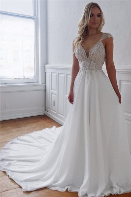 A-line Elegant Sweep-Train Appliques Wedding Dresses | 2021 Ivory V-neck Wedding Gowns_1