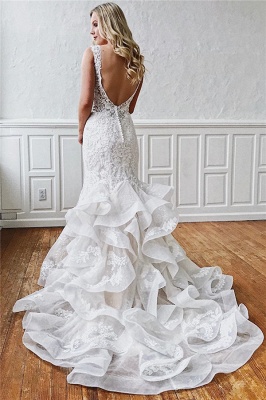 Mermaid Ruffled V-neck Excellent Sleeveless Wedding Dresses | 2021 Appliques Ivory Wedding Gowns_2