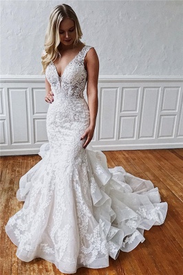 Mermaid Ruffled V-neck Excellent Sleeveless Wedding Dresses | 2021 Appliques Ivory Wedding Gowns_1