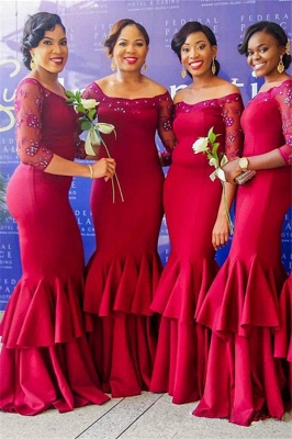 Elegant Red Long Sleeves Mermaid Off-the-Shoulder Tiered Bridesmaid Dress with Beadings_2