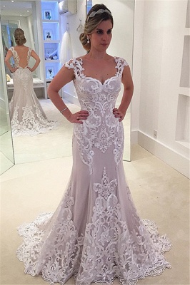 Elegant Cap-sleeve Floor-length Lace Mermaid Wedding Dress_2