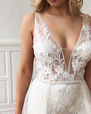 Sleeveless V-neck Ivory Chapel-Train Appliques Wedding Dresses | Sheath Beautiful Wedding Gowns_6