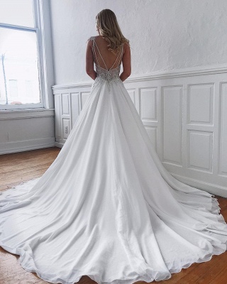 A-line Elegant Sweep-Train Appliques Wedding Dresses | 2021 Ivory V-neck Wedding Gowns_2