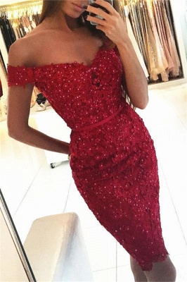 Beadings Short Sheath Red Off-the-Shoulder Sexy Appliques Homecoming Dress_2