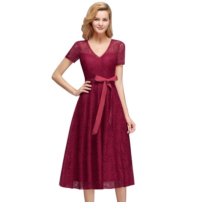 Tea-length Short-sleeve A-line V-neck Lace Red Prom Dress_7