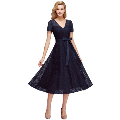 Tea-length Short-sleeve A-line V-neck Lace Red Prom Dress_4