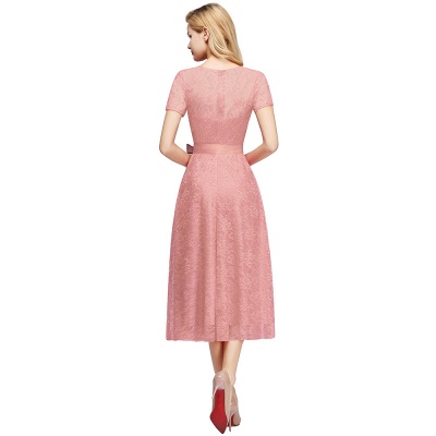 Tea-length Short-sleeve A-line V-neck Lace Red Prom Dress_6