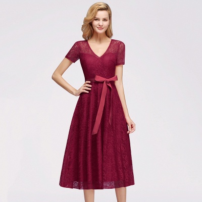 Tea-length Short-sleeve A-line V-neck Lace Red Prom Dress_8