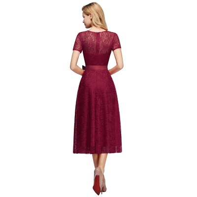Tea-length Short-sleeve A-line V-neck Lace Red Prom Dress_10