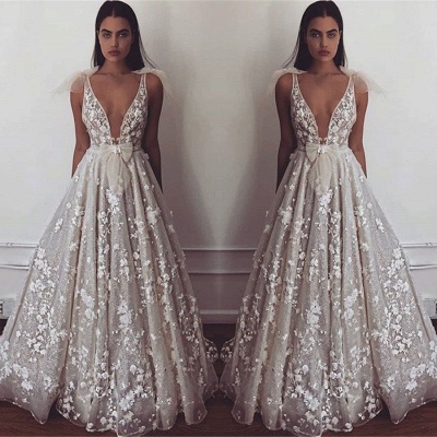 V-Neck Sleeveless A-Line Lace Bows Elegant Wedding Dresses_1