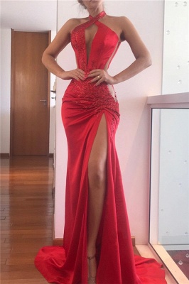 Sexy Halter Sheath Applique Slit Red Prom Dresses_1