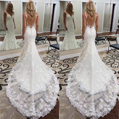 Backless Sleeveless Appliques Sheath Alluring Ivory Wedding Dresses | Chapel-Train V-neck Wedding Gowns_2